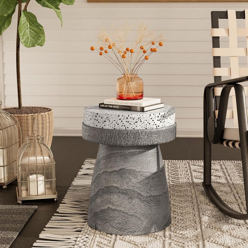 COSIEST Outdoor Side Table w Spotted Tabletop, Concrete Side Table, Round Patio Side Table Stool, Lightweight Outdoor Accent Table w Colored Faux Wood, Cylinder Plant Stand for Garden and Deck, Grey - Image 1